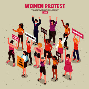 妇女女权主义者抗议行动期间,光背景上用斑点等距矢量插图女权主义者抗议行动等距插图图片