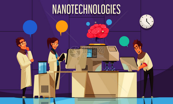 纳米技术平海报与科学家现代科学实验室矢量插图中进行人脑实验纳米技术矢量插图图片