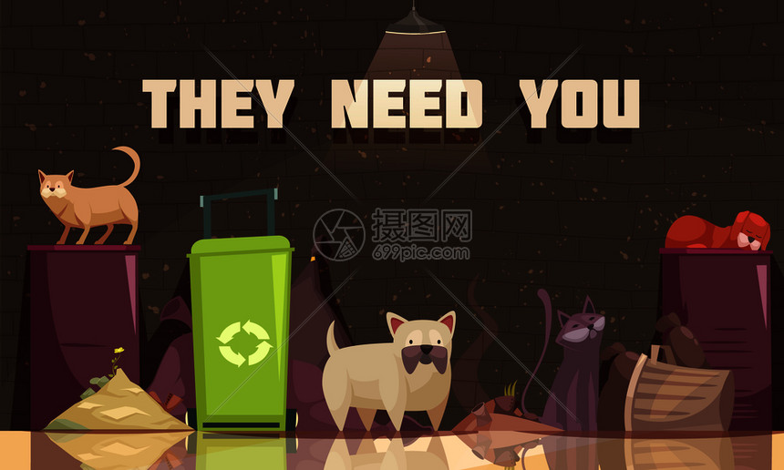 无家可归的动物海报与猫垃圾桶附近,他们需要你的标题平矢量插图无家可归的动物平海报图片