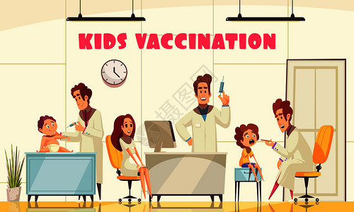 儿童疫苗接种海报说明了医务人员如何临床平矢量插图中为轻患者接种疫苗儿童疫苗接种海报图片