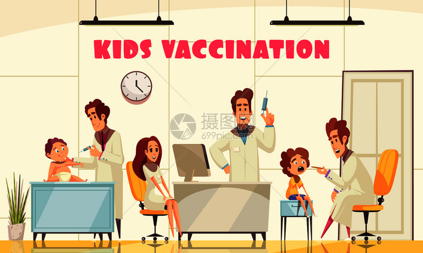 儿童疫苗接种海报说明了医务人员如何临床平矢量插图中为轻患者接种疫苗儿童疫苗接种海报图片