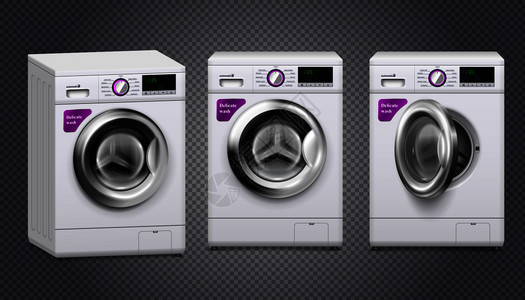 三台白色银色的空洗衣机透明背景的真实矢量插图上洗衣机写实套装图片