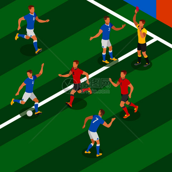 足球比赛等距成与球员的形式,竞争球队裁判红牌矢量插图足球等距成图片