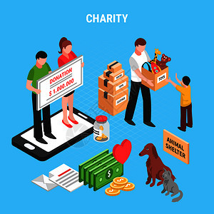 慈善等距构图与人的行动支持动物收容所儿童捐赠矢量插图慈善等距成图片