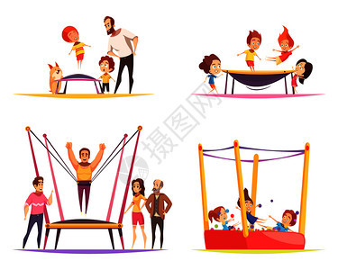 跳跃蹦床理念与扁平卡通人物蹦床成人家庭儿童矢量插图每个人都跳图片