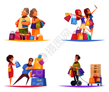 购物icon购物狂的理念与色彩缤纷的卡通风格的人与商品彩色盒子矢量插图插画
