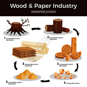 木纸制造平信息图表,切割原木木屑纸浆换为纸板矢量插图图片