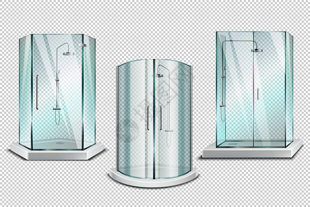 淋浴小屋透明现实的三维收集隔离淋浴摊位与光滑的门透明的背景矢量插图淋浴摊位现实图片