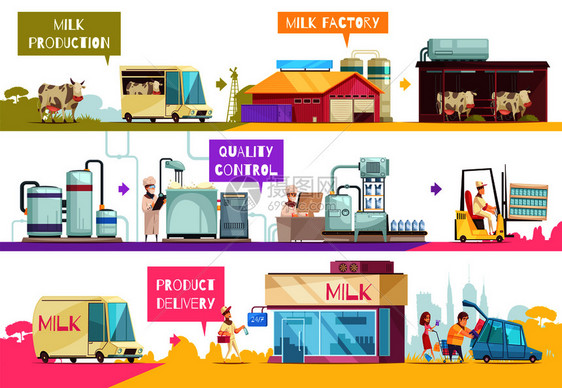 牛奶生产信息成的平图像代表同阶段的牛奶制造与文本标题矢量插图图片