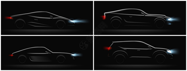 真实的汽车轮廓,黑色的四个轮廓与同的车身发光的运行灯矢量插图图片