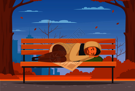 悲惨的卡通无家可归的人与人平构图躺街上的长凳上,他冷矢量插图插画