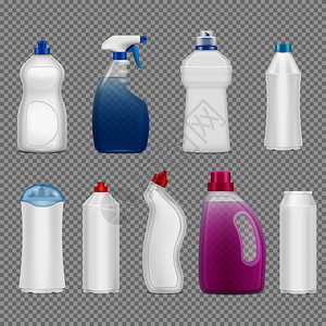 洗涤剂瓶套的真实图像透明的背景与塑料瓶充满肥皂矢量插图图片