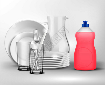 洗洁精瓶清洁洗碟成与现实的盘子盘子与塑料瓶的皿皂矢量插图图片