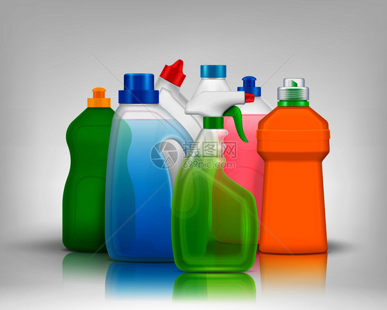 洗涤剂彩色瓶子成与现实的图像彩色瓶子充满洗衣肥皂与阴影矢量插图图片