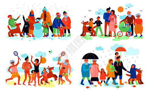 家庭带孩子,父母祖父母户外,夏季,冬季,春季,秋季,4作文矢量插图图片