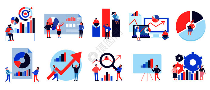 数据分析工具技术图表符号表示分析策略,彩色平元素孤立向量插图图片