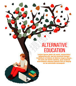 替代教育等距构图学生与笔记本电脑书籍苹果树下的白色背景矢量插图图片