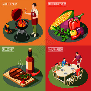 烧烤派等距2x2与同的服务例子烧烤食品与人矢量插图烧烤烤架理念图片