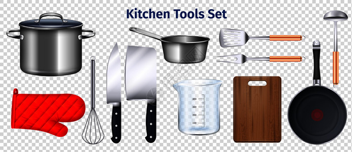 厨房用具透明与砧板煎锅刀现实隔离矢量插图图片