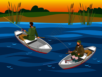 渔民船上用棒河流等距矢量图上捕鱼渔船上的渔民等距插图图片