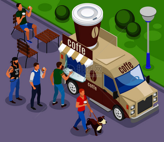 街头食品车与交易咖啡等距成与客户队列矢量插图街头食品咖啡等距成分图片