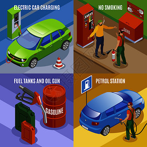 加油站补充等距2x2与成的汽车图像油箱文本矢量插图充电汽车的理念背景图片