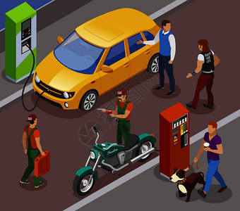 加油站补充等距成分与汽油填充柱的汽车摩托车与人的字符矢量插图街道加油站成背景图片