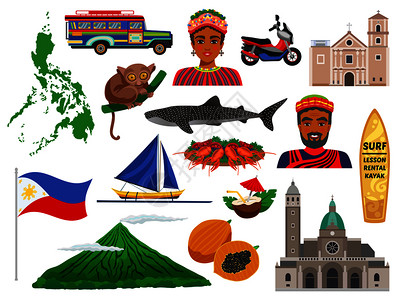 菲律宾套旅游图标与动物地标,传统食品民族服装矢量插图图片