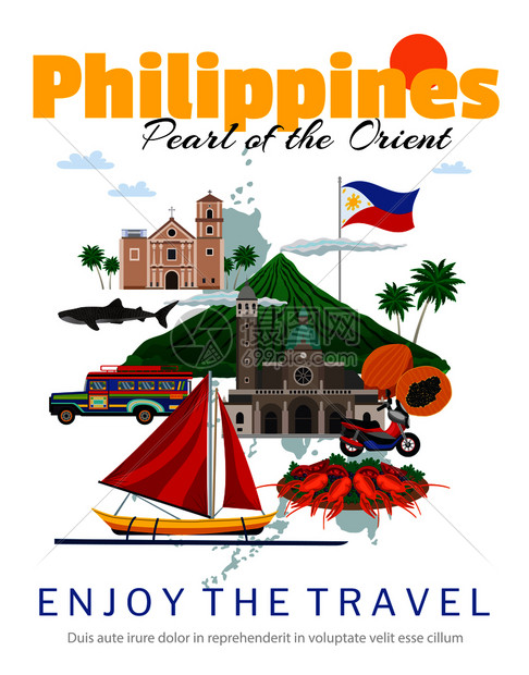 前往菲律宾的海报与地标历史建筑,传统的食品运输矢量插图图片