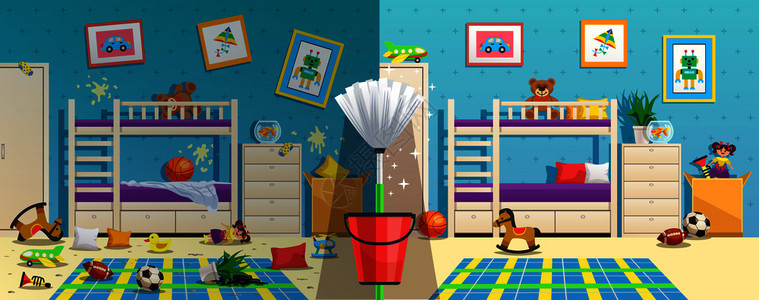 凌乱的儿童房间与家具内部物体清洗前后平矢量插图图片