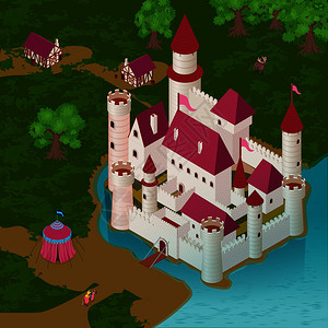 中世纪的城堡河岸与皇家帐篷骑士骑马的房子的公民等距矢量插图图片