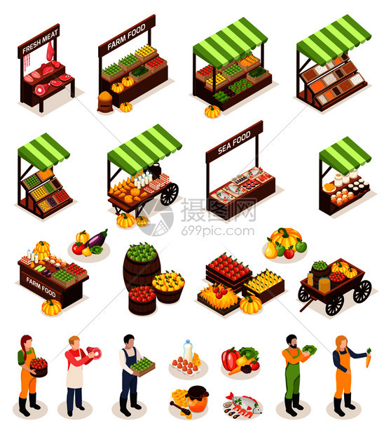 农贸市场等距图标柜台盒桶与新鲜肉类,水果,蔬菜,乳制品海洋产品矢量插图图片