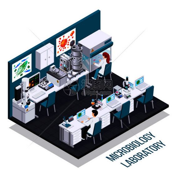 微生物实验室等距成与生物反应器电子显微镜装置的细菌播种其他科学设备矢量插图图片
