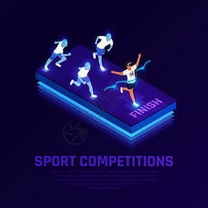 男子VR眼镜虚拟运动员体育跑步比赛等距成紫色背景矢量插图图片