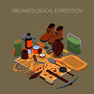 考古探险与古代遗骸文物符号等距矢量插图图片