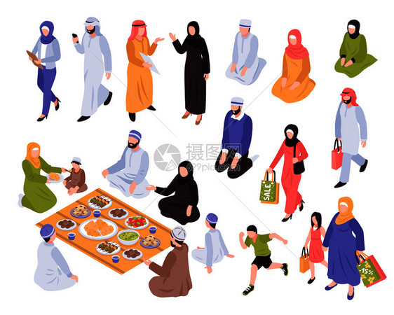 阿拉伯家庭集与传统的食物购物符号等距孤立向量图片