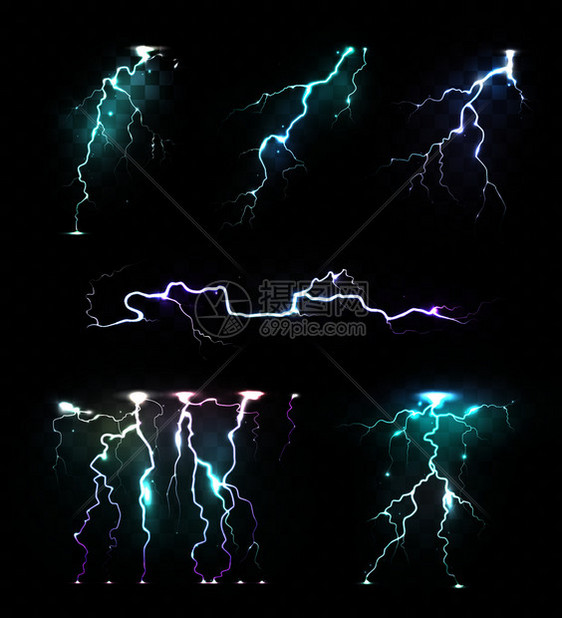 真实的闪电闪烁彩色的图像彩色闪电透明的背景矢量插图图片