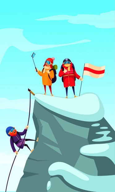 登山漫画图片与登山者上升岩峰自拍顶部矢量插图图片
