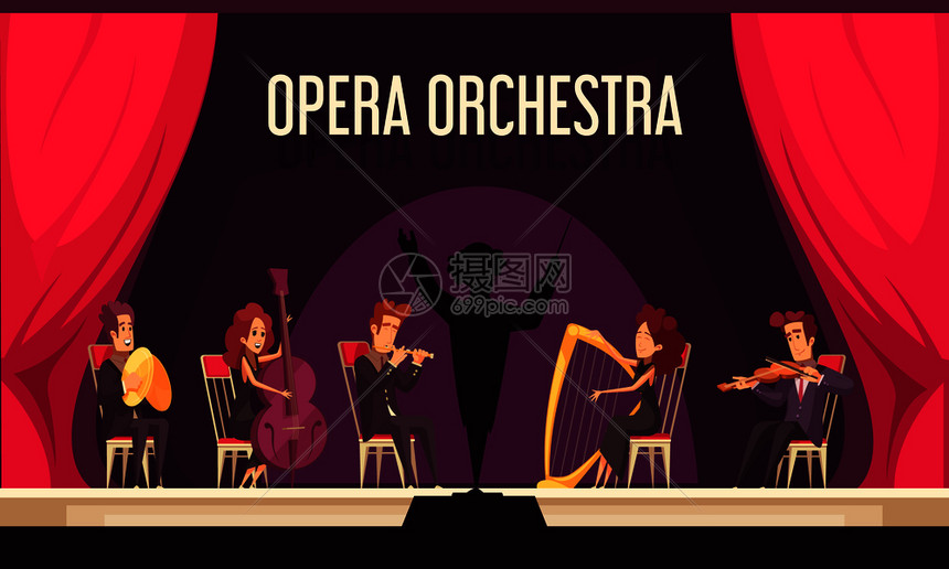 剧院歌剧管弦乐队舞台上表演,小提琴手竖琴演奏,音乐家指挥,红色窗帘,平构图矢量插图图片