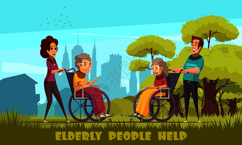 社会工作者托儿所志愿者带老人轮椅上禁用人们户外平板卡通海报矢量插图图片
