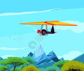 跳伞极限运动平海报与自由风格悬挂滑翔上方的东方树木山脉矢量插图图片