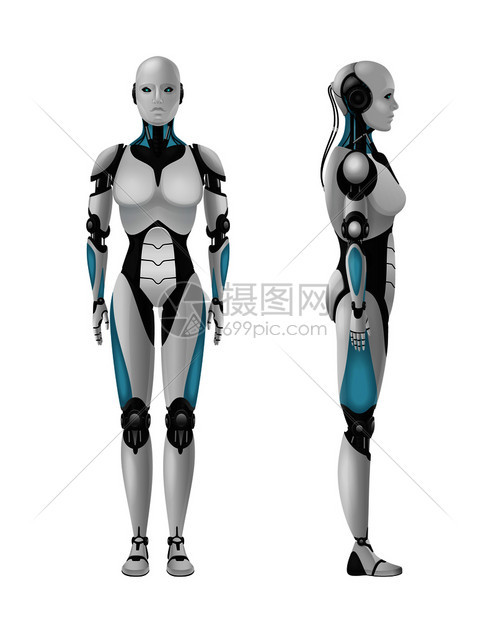 机器人Android女现实三维成的人形机器人与女身体空白背景矢量插图图片