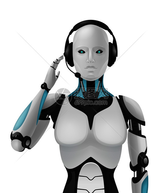 机器人Android逼真的三维构图与人工支持剂控制论拟人机与女外观矢量插图图片