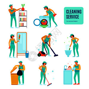 清洁服务人员各种家务工作期间平图标隔离矢量插图图片