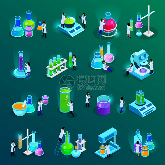 疫苗开发集等距图标与科学家实验室设备隔离绿色矢量插图图片