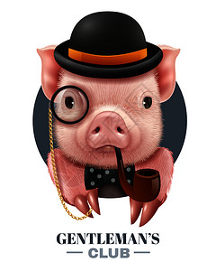 温德曼俱乐部矢量插图与现实的猪鲍勒帽,吸烟管蝴蝶结领带温德曼俱乐部写实海报图片