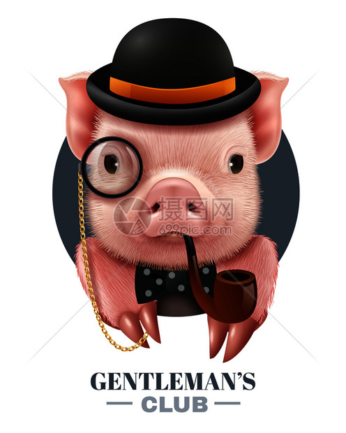 温德曼俱乐部矢量插图与现实的猪鲍勒帽吸烟管蝴蝶结领带温德曼俱乐部