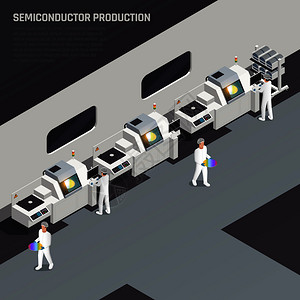 半导体芯片生产等距成与可编辑文本高科技制造商与工人矢量插图的特点半导体生产等距背景图片