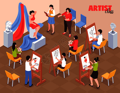 艺术家与学生画架附近与调色板模型红色服装等距矢量插图艺术家类等距插图图片