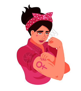 等距女粉红色服装与力量手势女标志纹身孤立矢量插图等距女主义孤立插图图片